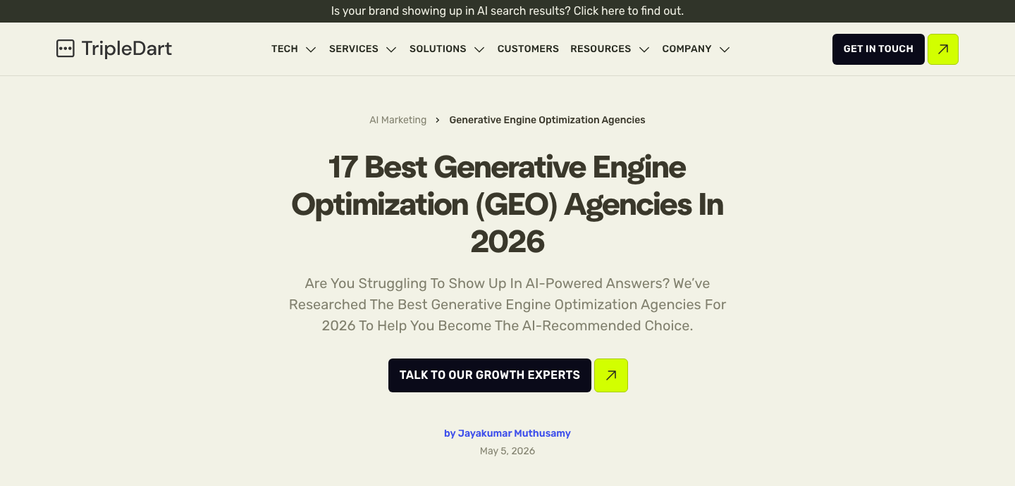 A published blog post headlined 17 Best Generative Engine Optimization (GEO) Agencies In 2026, with a call to action reading talk to our growth experts.