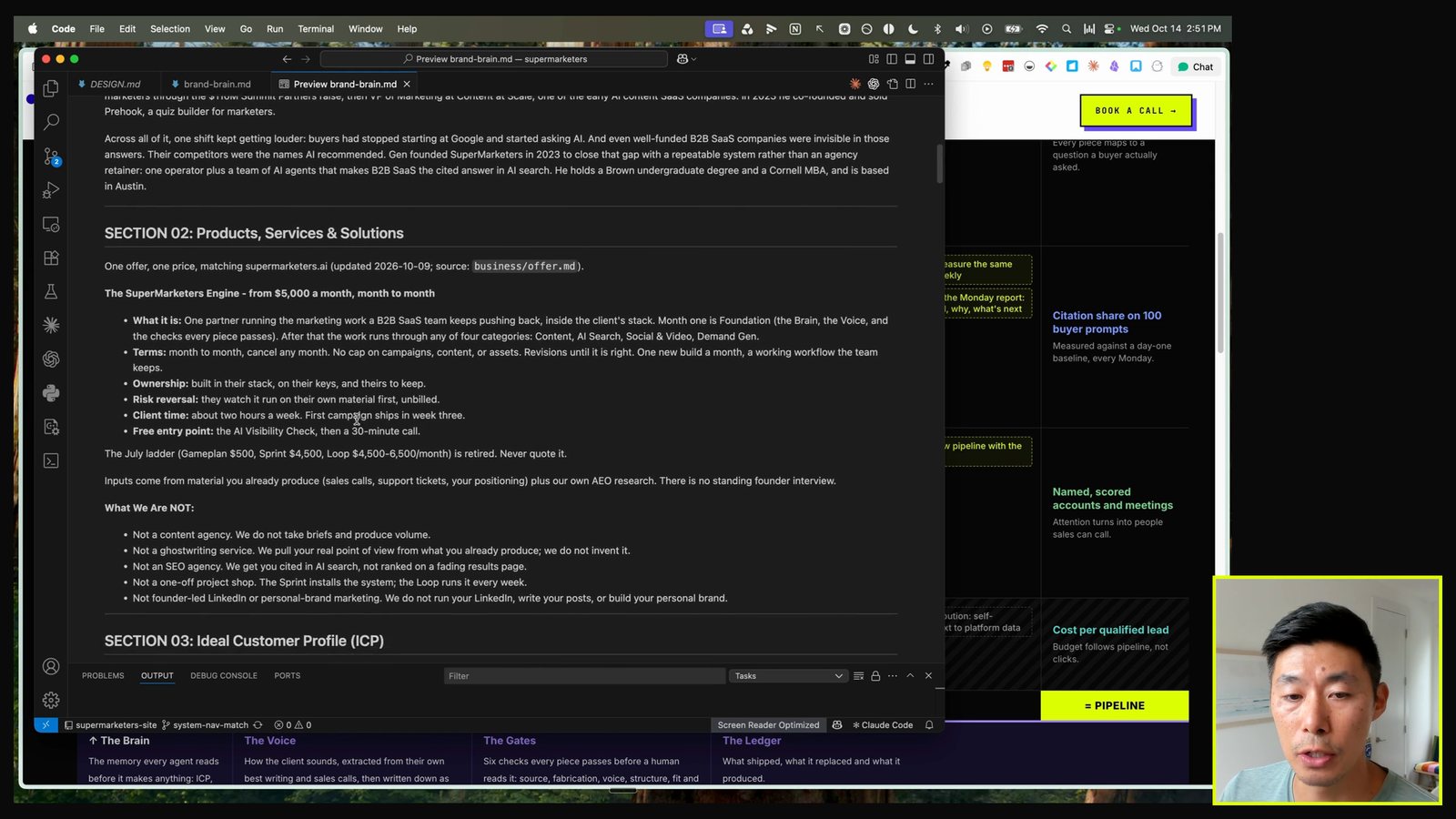 The Brand Brain file open in a preview pane, scrolled to the What We Are NOT section, with the /system page behind it