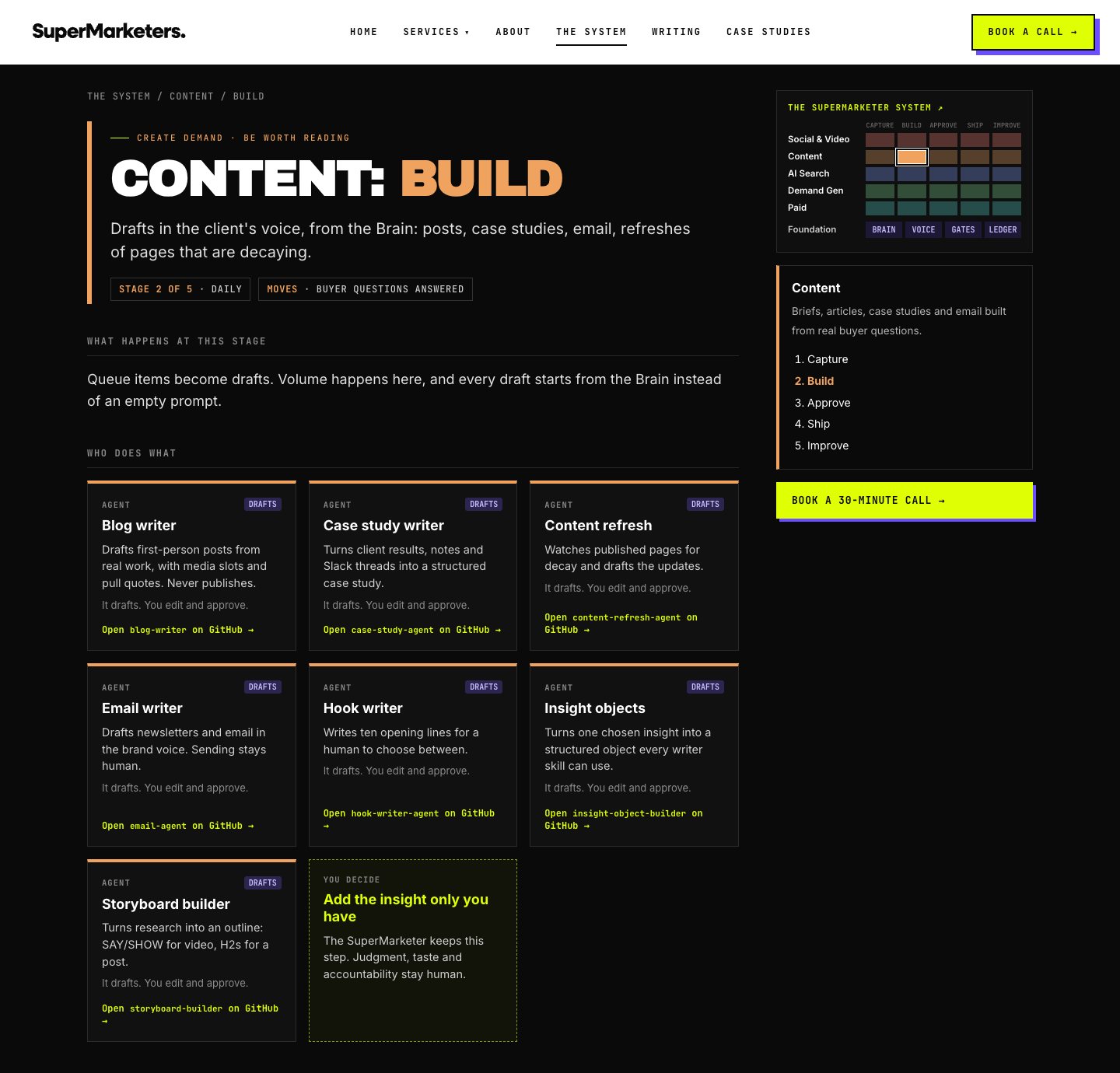 The Content: Build cell page with agent cards and a minimap of the system