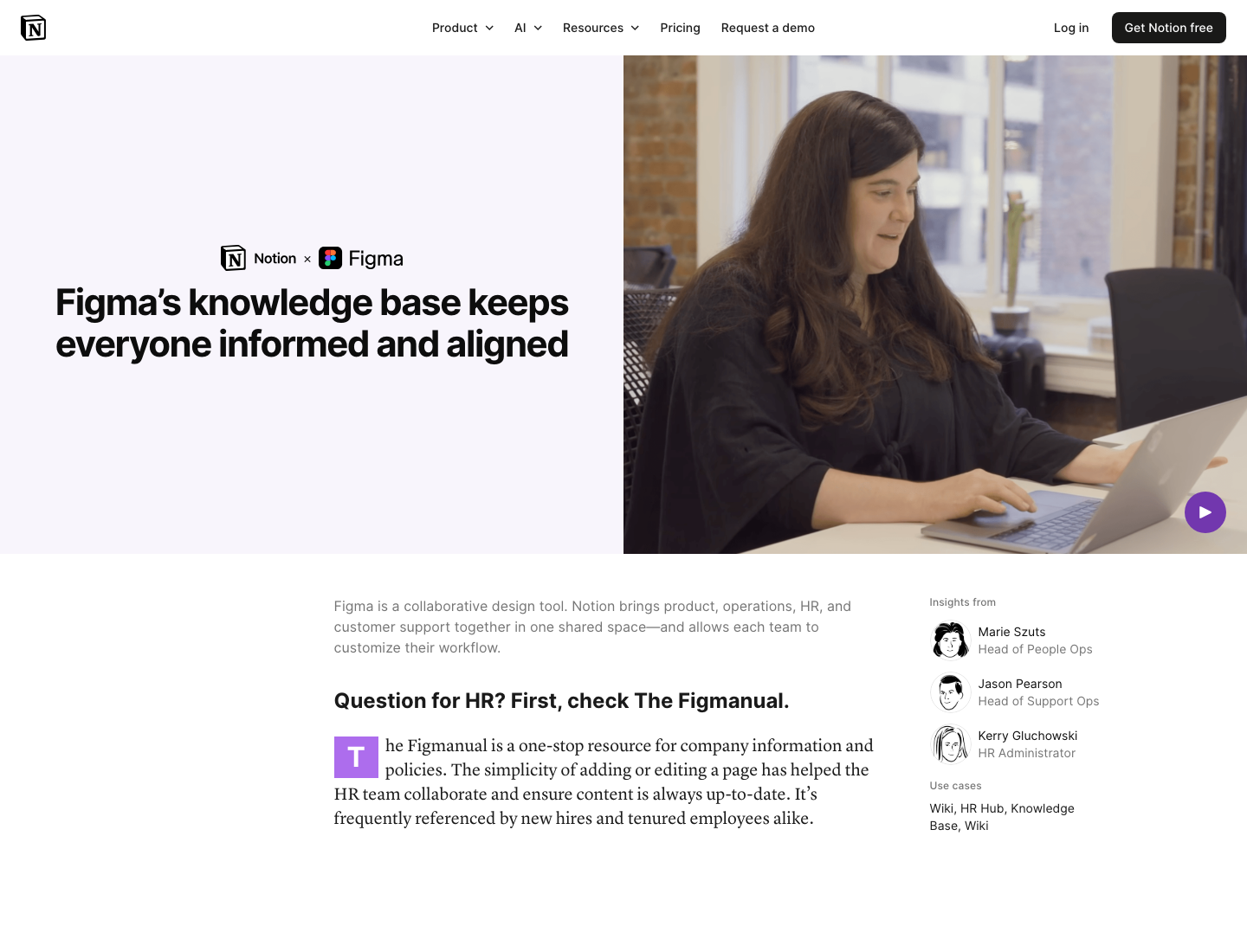 Notion customer story featuring Figma's knowledge base and use-case details.