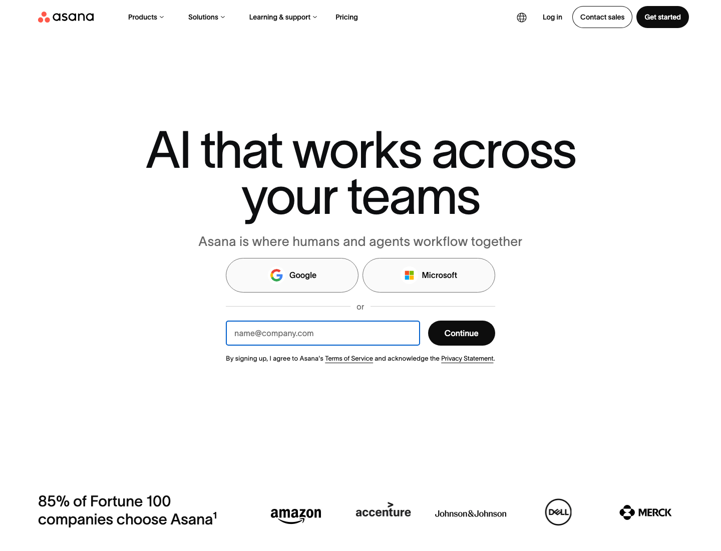 Asana homepage showing a clear AI and workflow value proposition, signup flow, and customer logos.