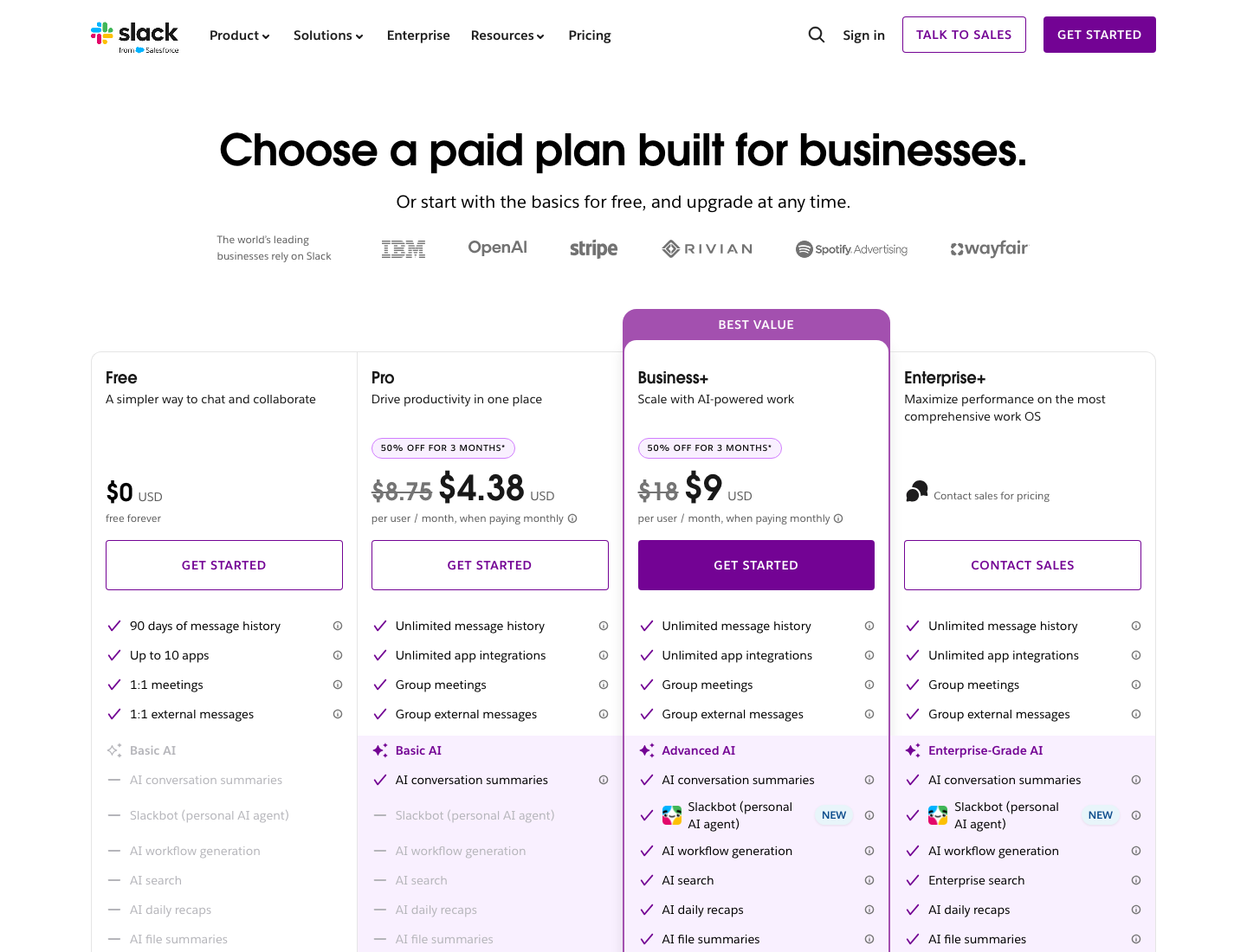 Slack pricing page showing plan cards, prices, features, AI tiers, and enterprise contact option.