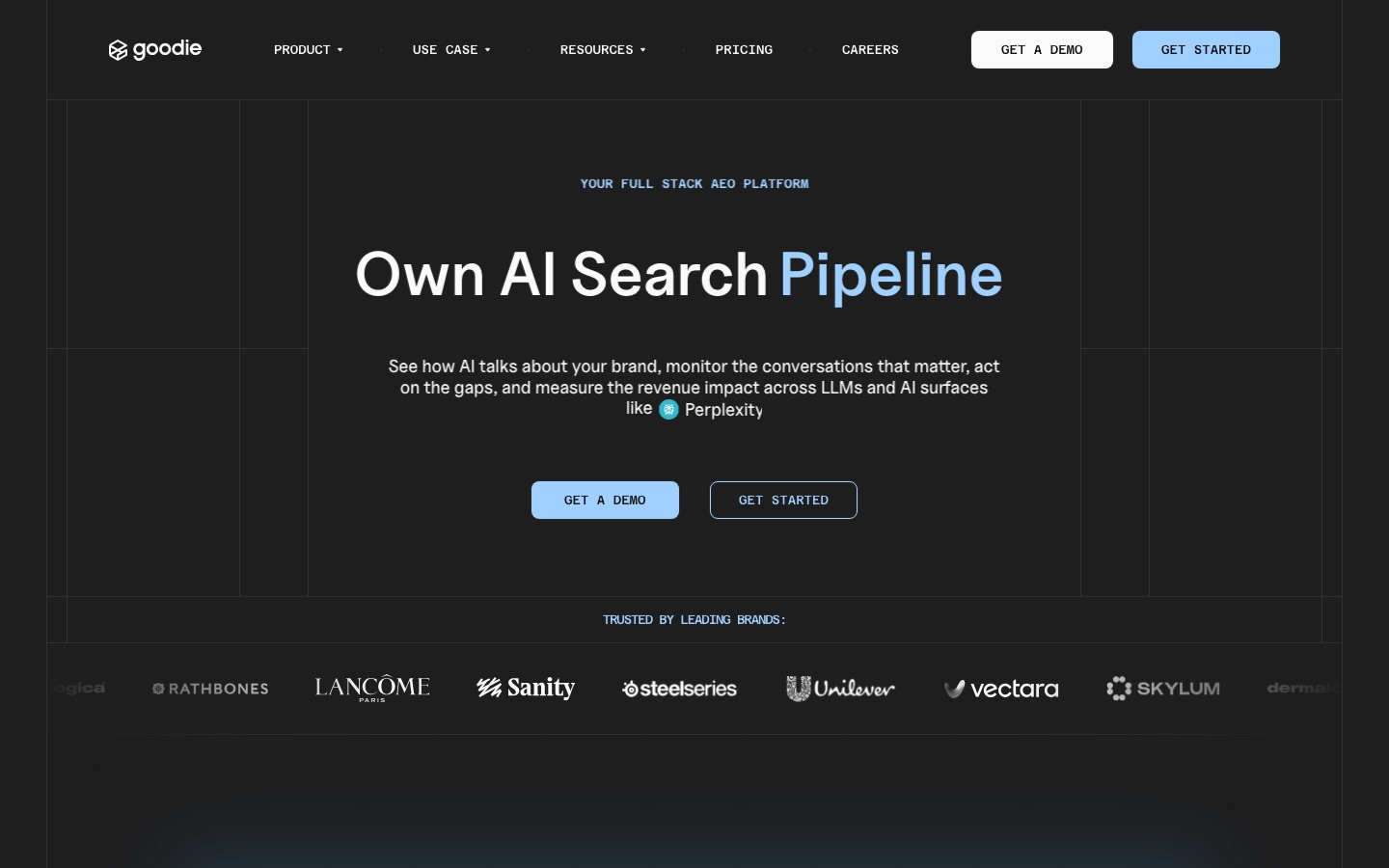 Goodie homepage headline: Own AI Search Pipeline, described as your full stack AEO platform