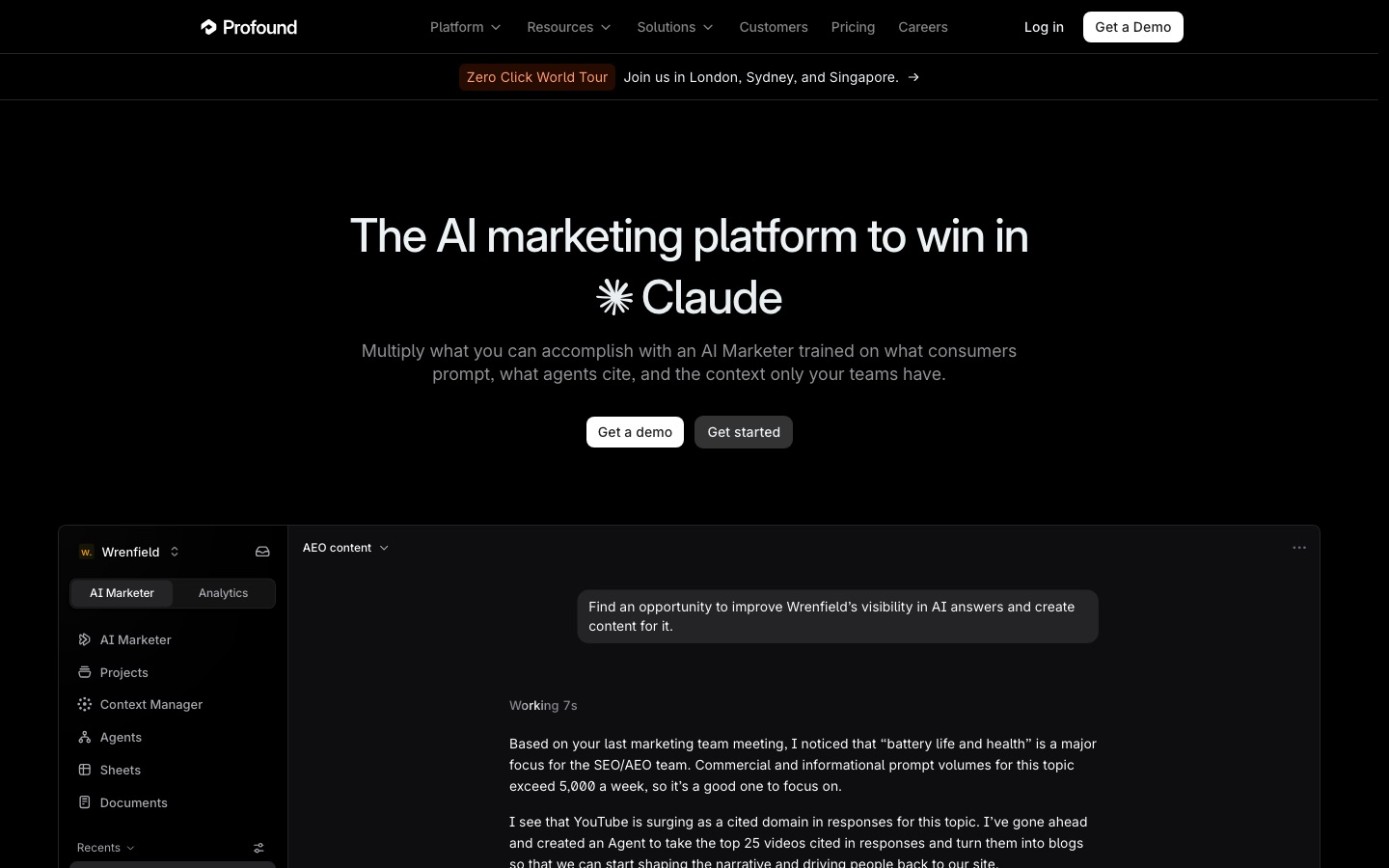 Profound homepage headline: The AI marketing platform to win in Claude, with a product screenshot of the AI Marketer finding a visibility opportunity
