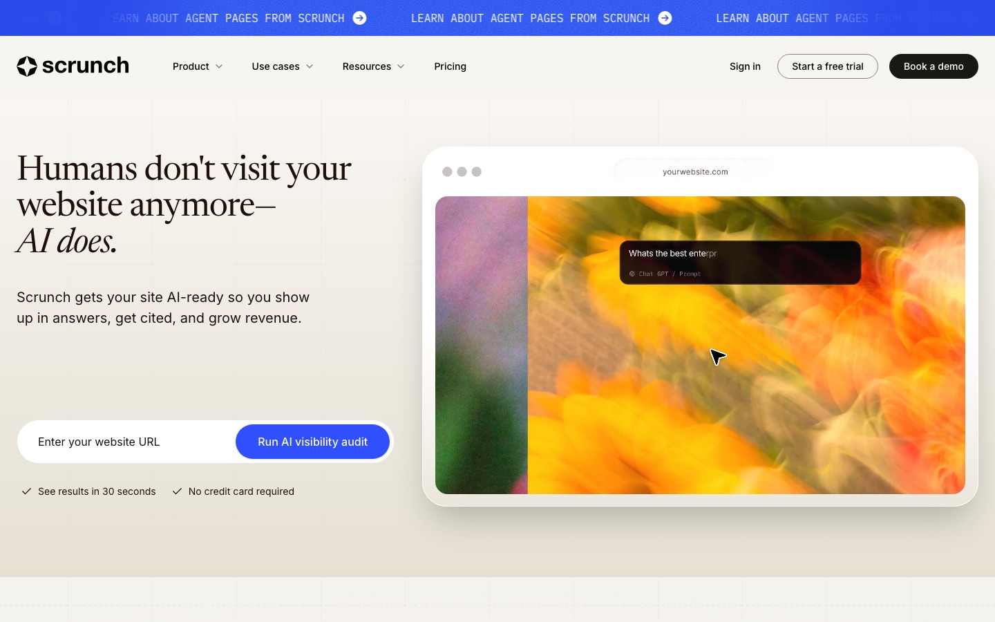 Scrunch homepage headline: Humans don't visit your website anymore, AI does, with a Run AI visibility audit field