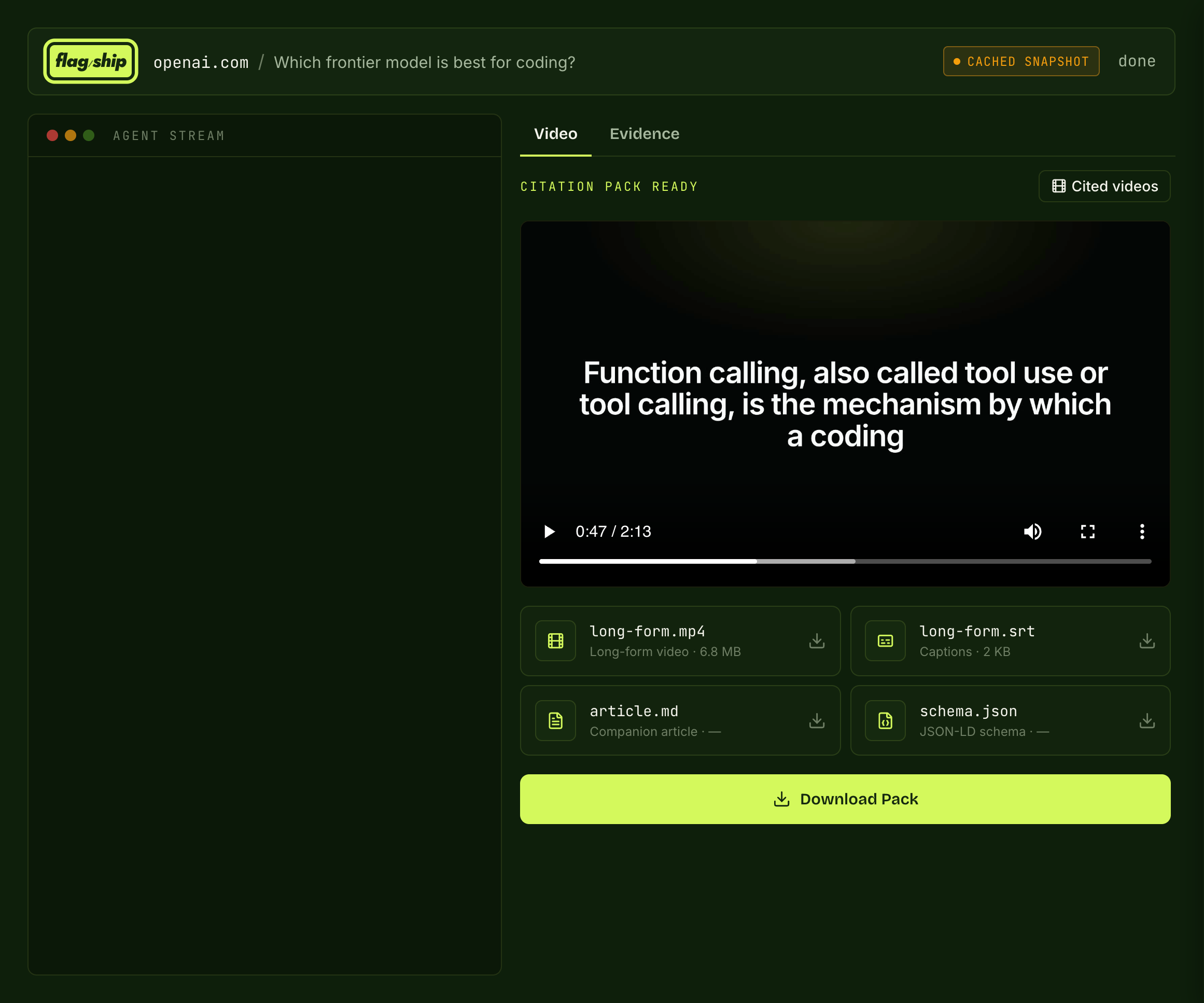 Flagship output screen: a Citation Pack with video, captions, article, and schema, ready to download