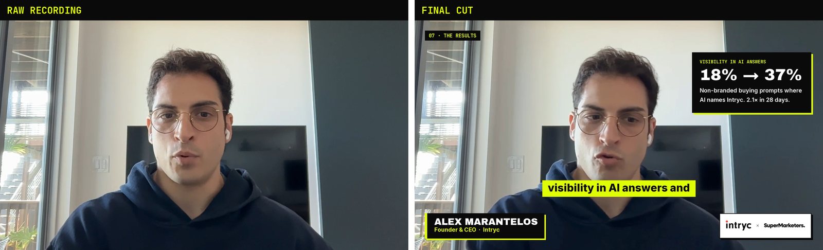Side by side: the raw webcam frame on the left, and the finished frame on the right with a chapter tag, an info card reading 18% to 37%, captions, a name card and the Intryc and SuperMarketers logos