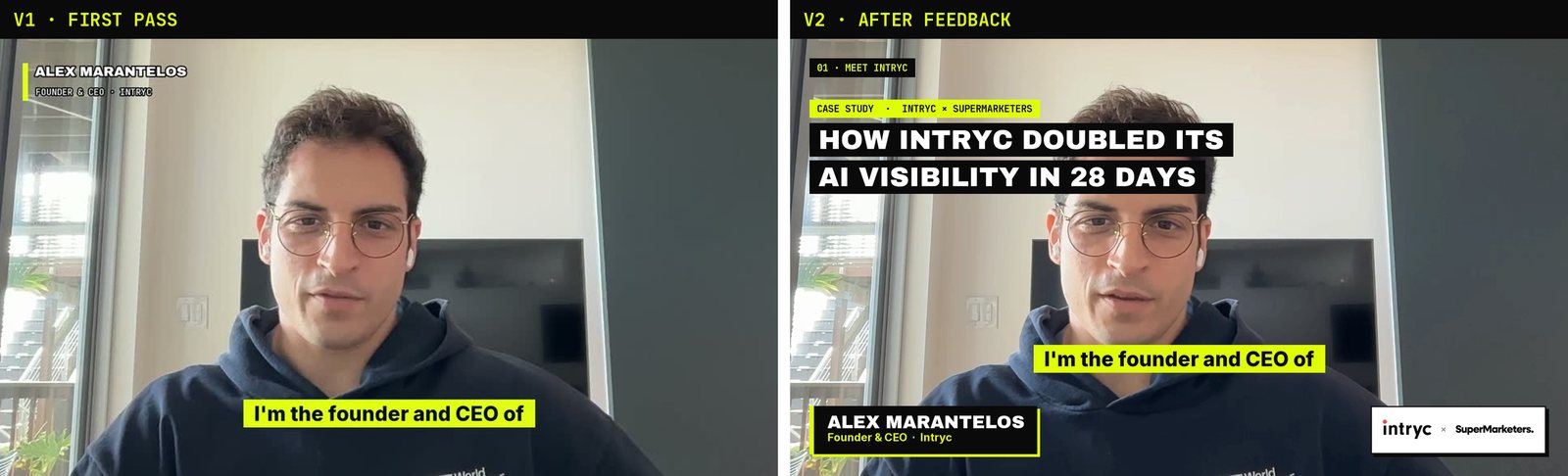 Two frames compared: v1 with a small name plate in the top left, and v2 with a large ink name card bottom left, an Intryc and SuperMarketers logo card bottom right, a chapter tag and an opening title