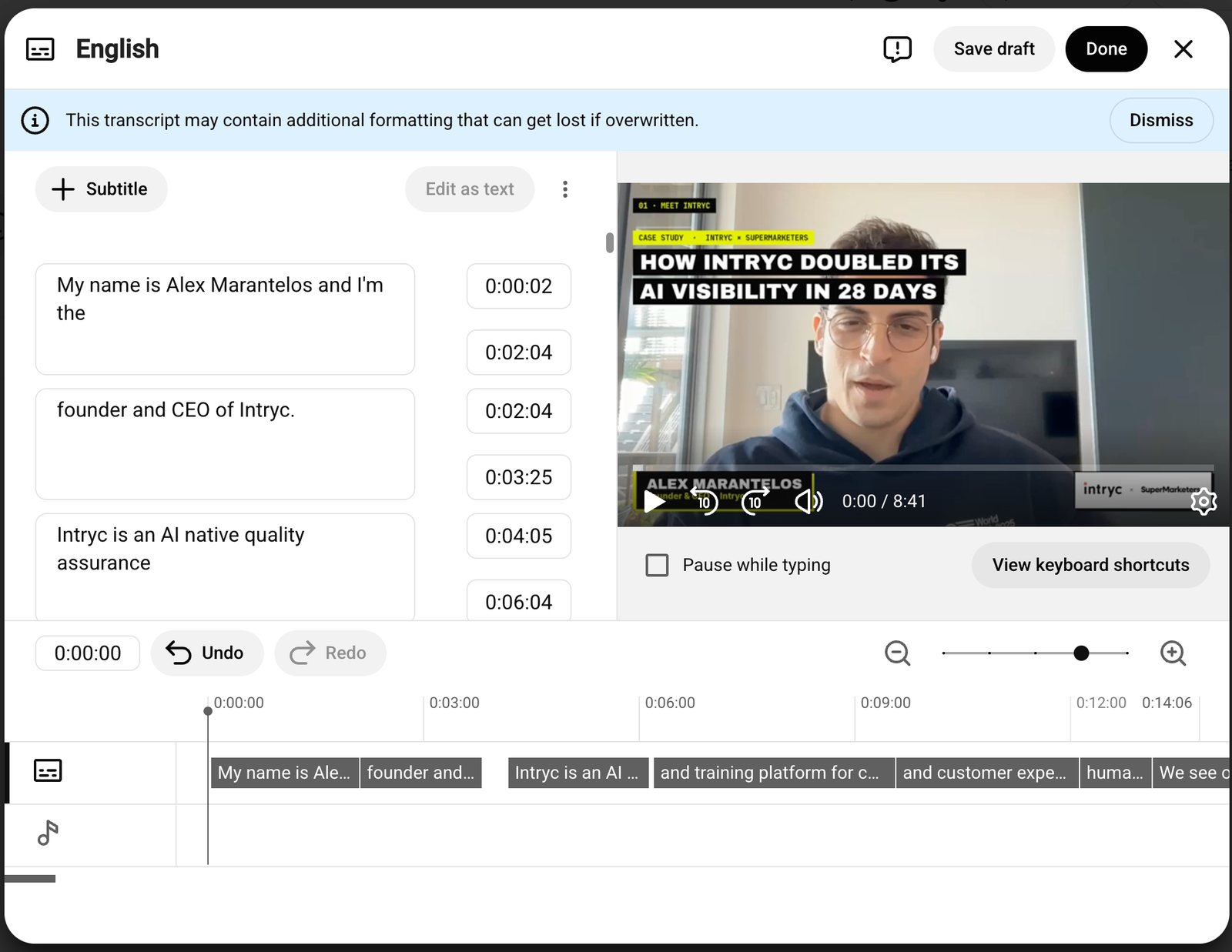 YouTube Studio subtitle editor showing the uploaded English captions with correct spelling of Intryc and timed lines