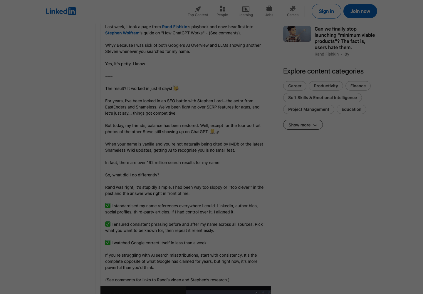 Steven Lord's post, reshared by Rand Fishkin: "I standardised my name references everywhere I could"
