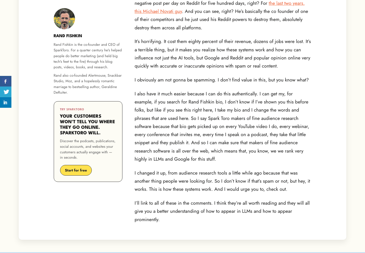 Rand Fishkin on rewriting his bio so the same phrase appears everywhere