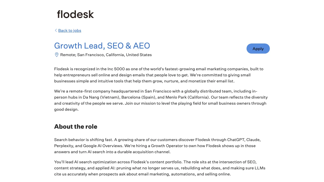 The public Growth Lead, SEO & AEO posting. This is the brief for the hypothetical plan.