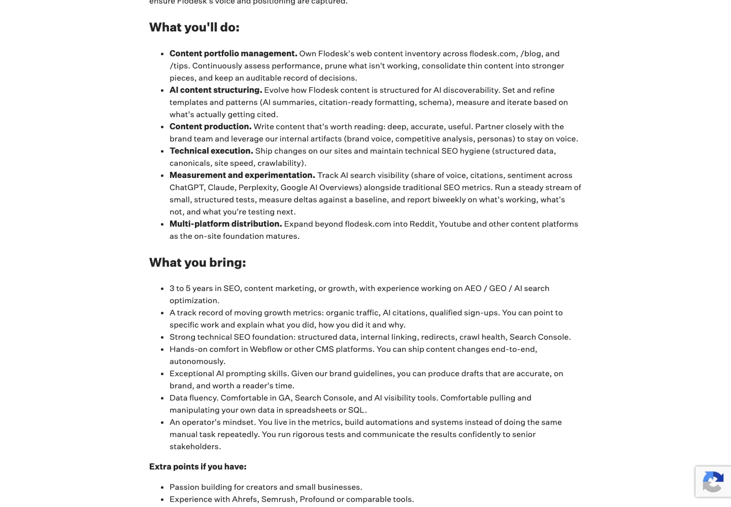The responsibilities combine content decisions, accuracy, CMS work, experiments, and reporting.