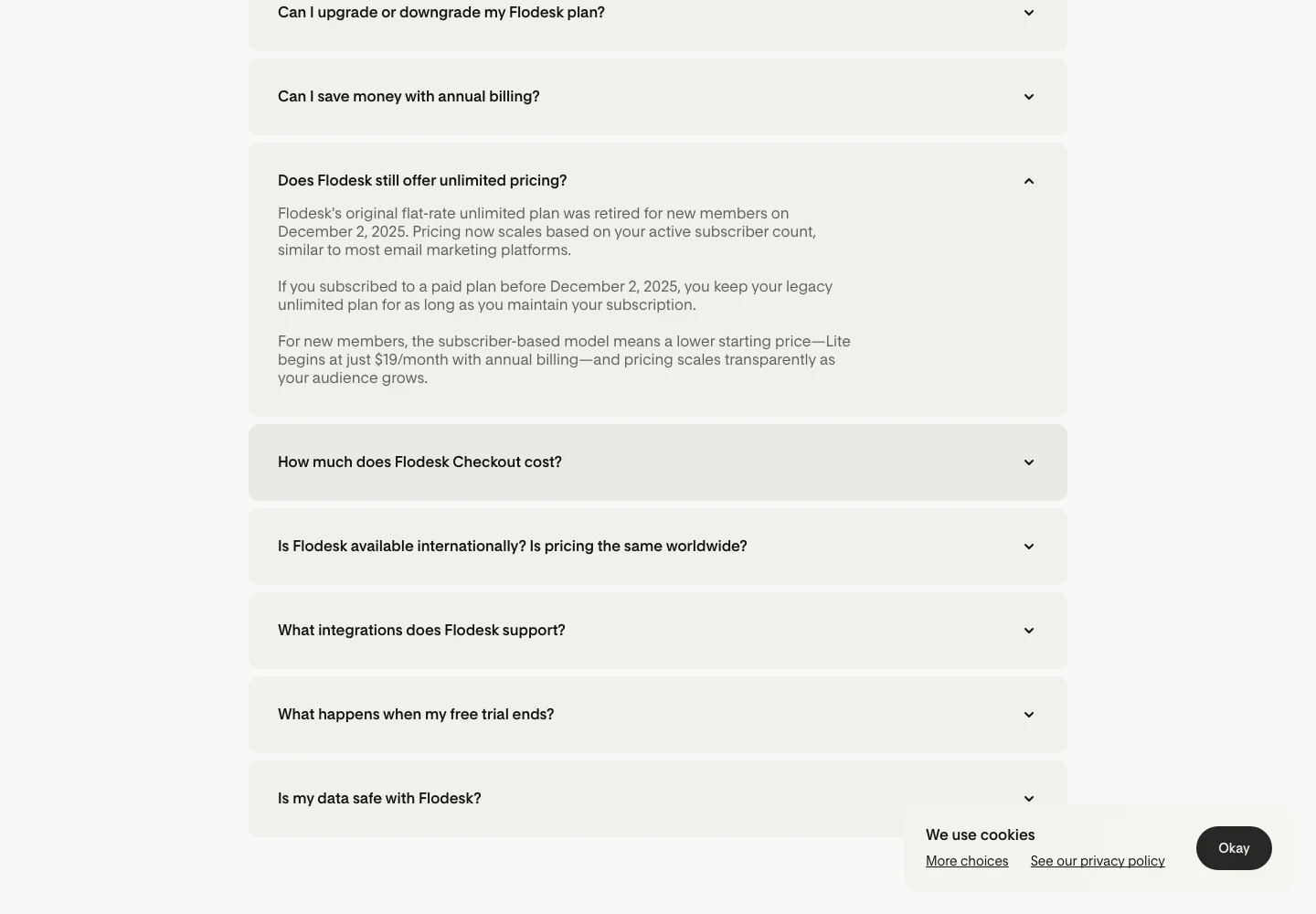 The pricing FAQ distinguishes legacy unlimited-subscriber plans from the newer plans.