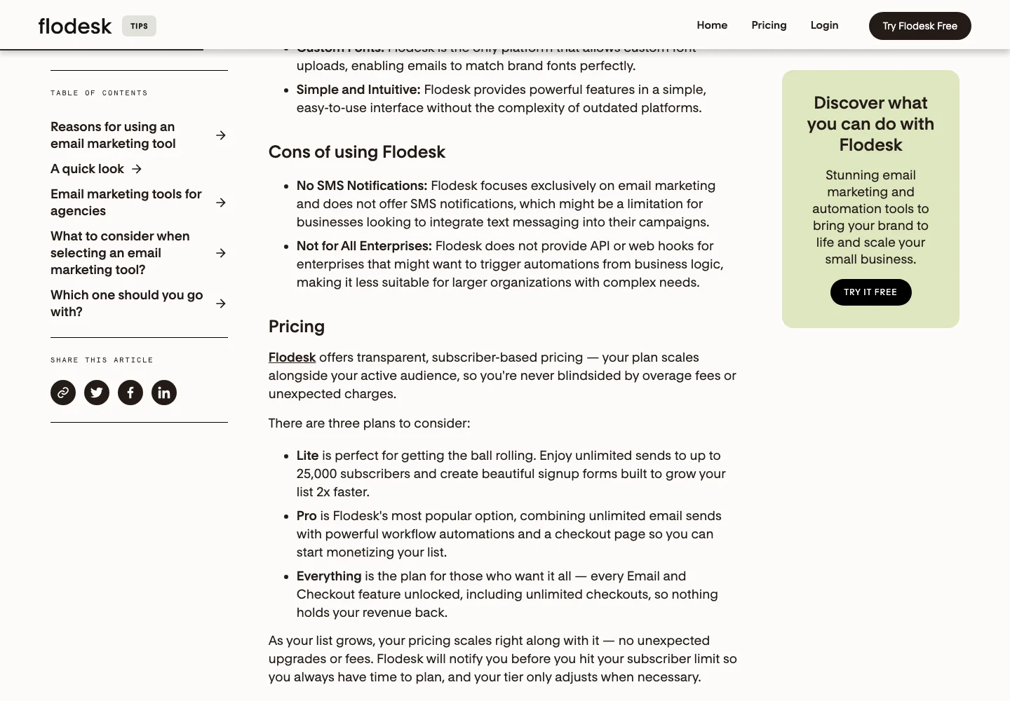 An owned comparison article says Flodesk does not provide an API or webhooks. This conflicts with the homepage.