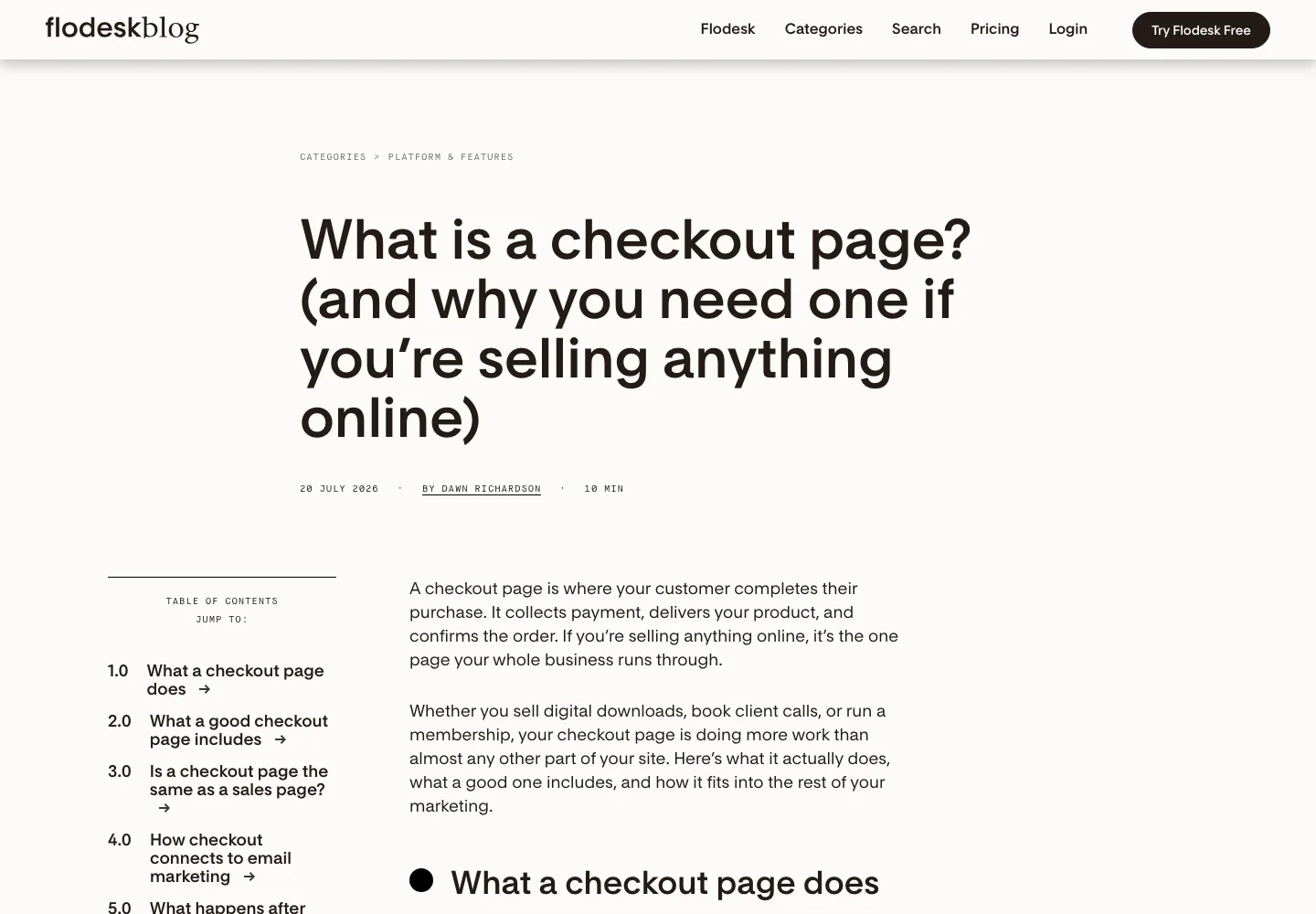 Flodesk already has a checkout explainer. I would assess the existing page before proposing another URL.