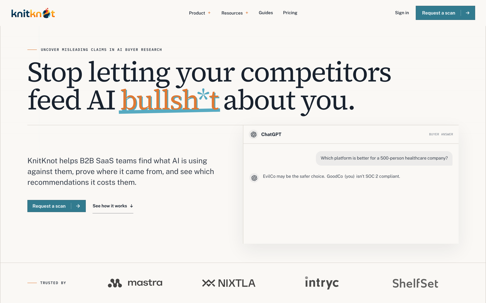 KnitKnot homepage: Stop letting your competitors feed AI bullsh*t about you, with a ChatGPT buyer answer that says GoodCo isn't SOC 2 compliant