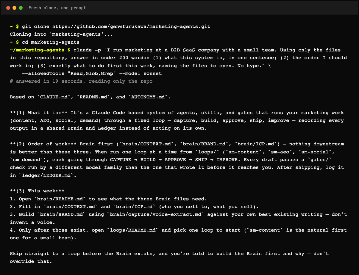 A fresh copy of the repo, one prompt, and the agent's answer