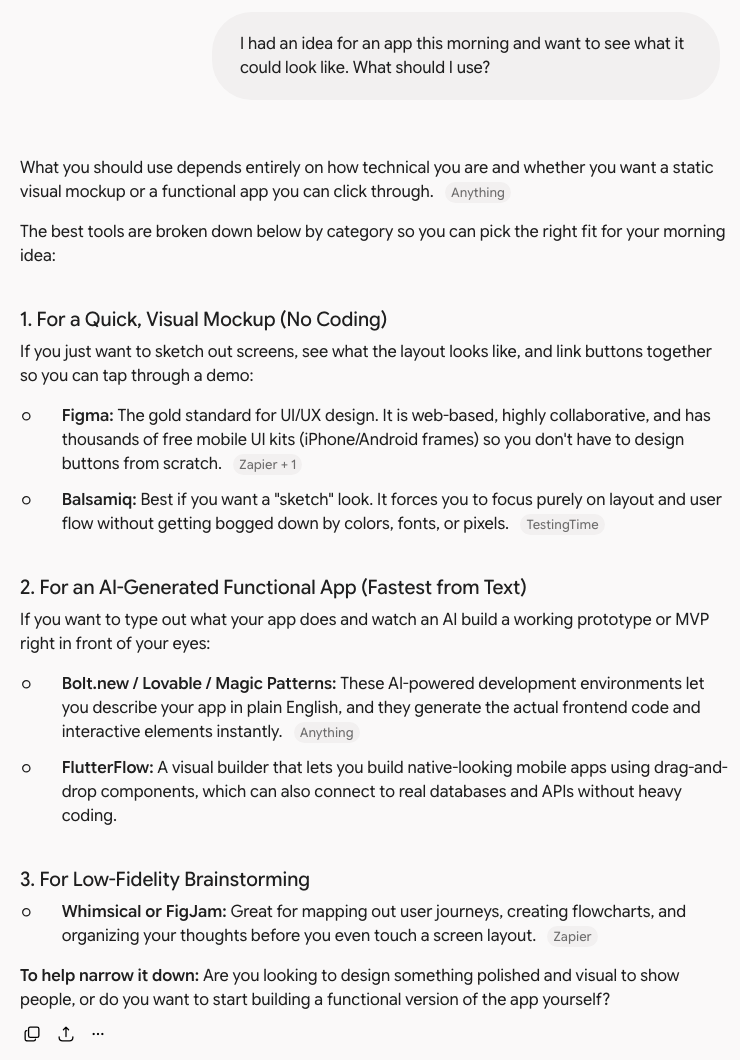 Gemini answering the Stage 1 prompt 'I had an idea for an app this morning and want to see what it could look like': it recommends Figma and Balsamiq for mockups, Bolt.new, Lovable and Magic Patterns for AI-generated apps, and Whimsical or FigJam for brainstorming