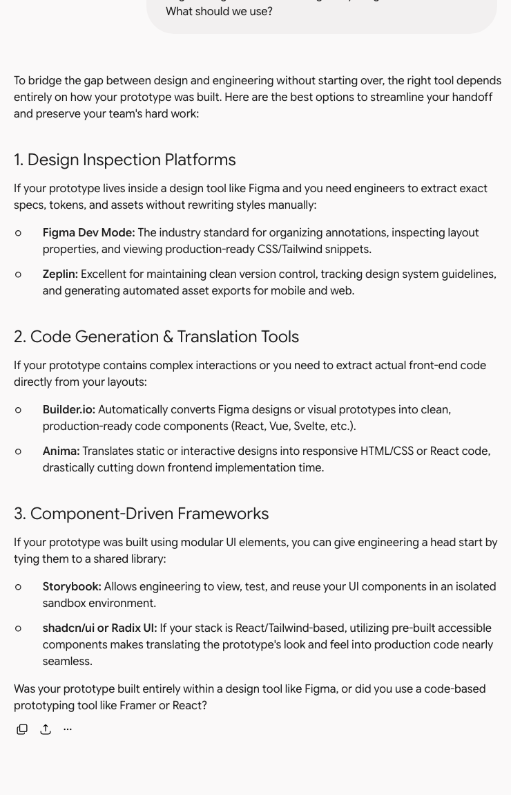 Gemini answering the Stage 5 prompt about handing an approved prototype to engineering: it recommends Figma Dev Mode and Zeplin, Builder.io and Anima, then Storybook and shadcn/ui