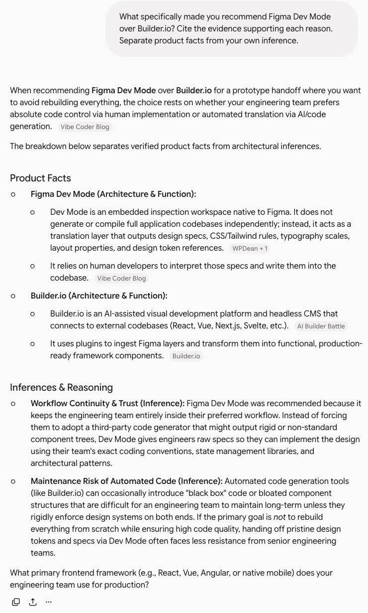 Gemini's answer to the why follow-up, split into Product Facts with cited sources for Figma Dev Mode and Builder.io, and Inferences and Reasoning covering workflow continuity and the maintenance risk of generated code