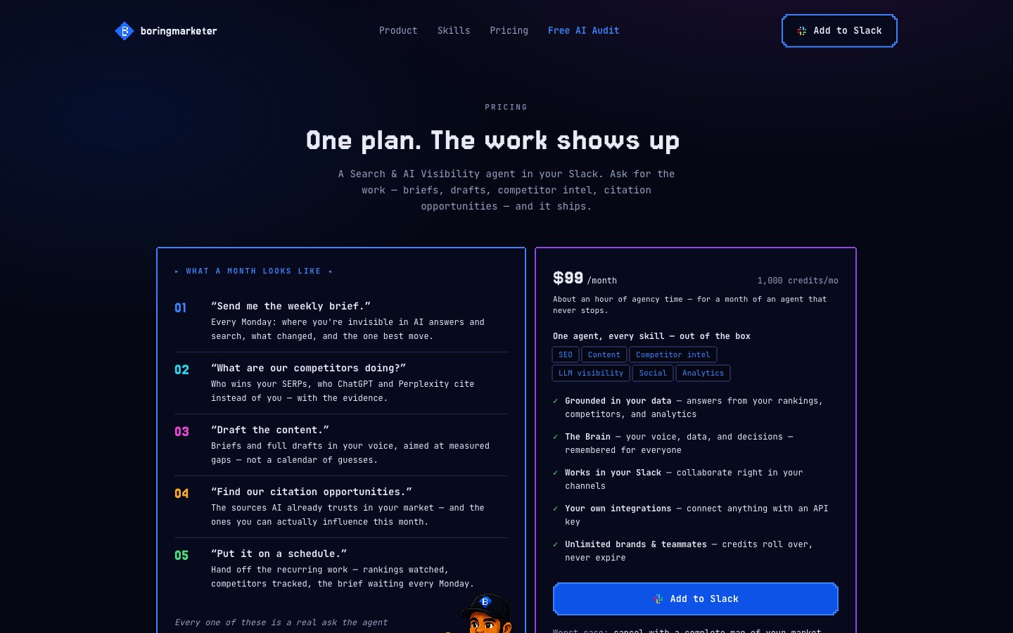 Boring Marketing pricing: one plan, $99/month